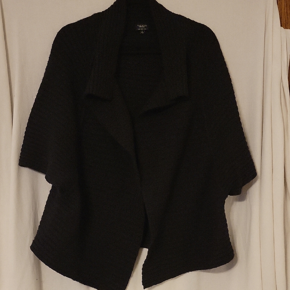 Talbots Elegant Black Open Front Sweater Jacket 100% Merino Wool